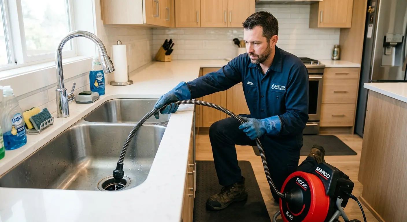 Drain cleaning technician using a motorized snake on a kitchen sink in Hawaiian Paradise Park