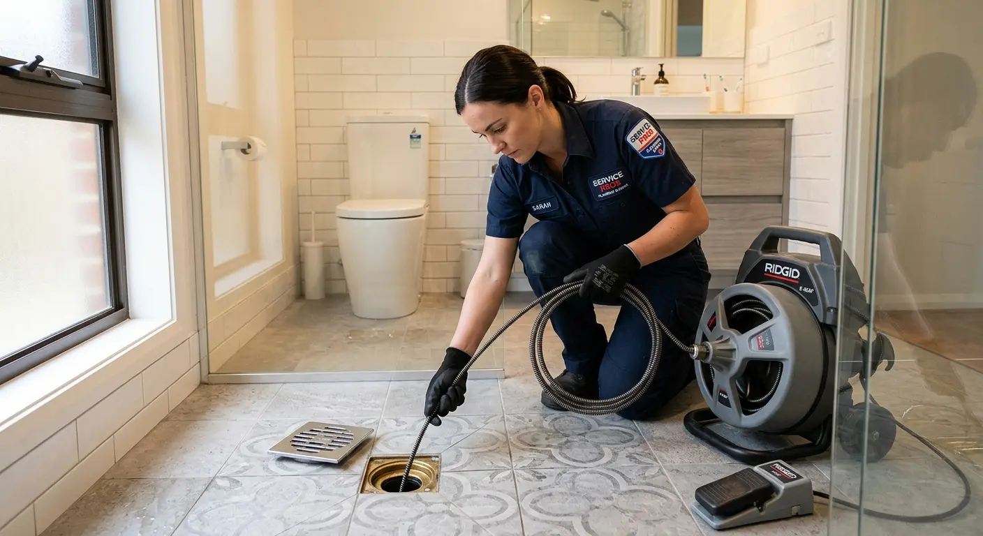 Technician clearing a bathroom floor drain for Sewer Line Replacement in Hawaiian Paradise Park